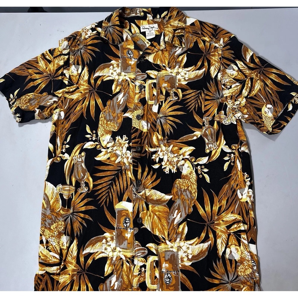 Panama Jack Mens Black Tropical Parrot Cocktail Rayon Camp Shirt Small 29107W